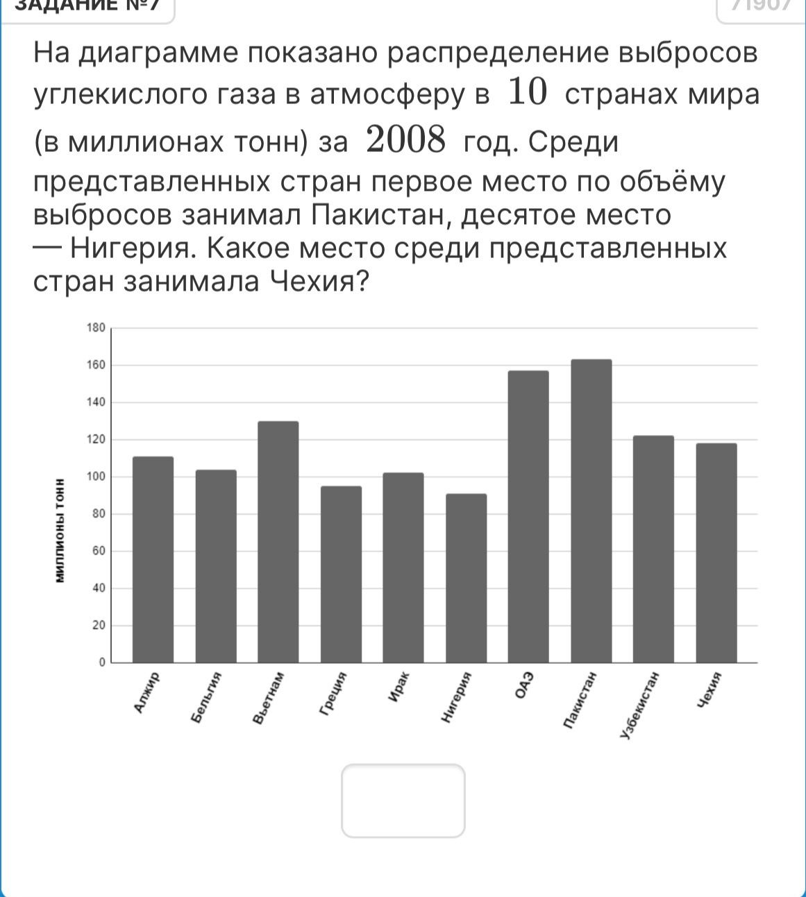 Фото задания: Задание № 7. На диаграмме показано распределение выбросов углекислого газа в атмосферу в 10 странах мира (в миллионах тонн)…