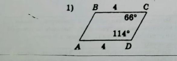 Фото задания: 1) На рисунке четырёхугольник ABCD; BC = 4, AD = 4, ∠C = 66°, ∠D = 114°. Текст задания не виден.