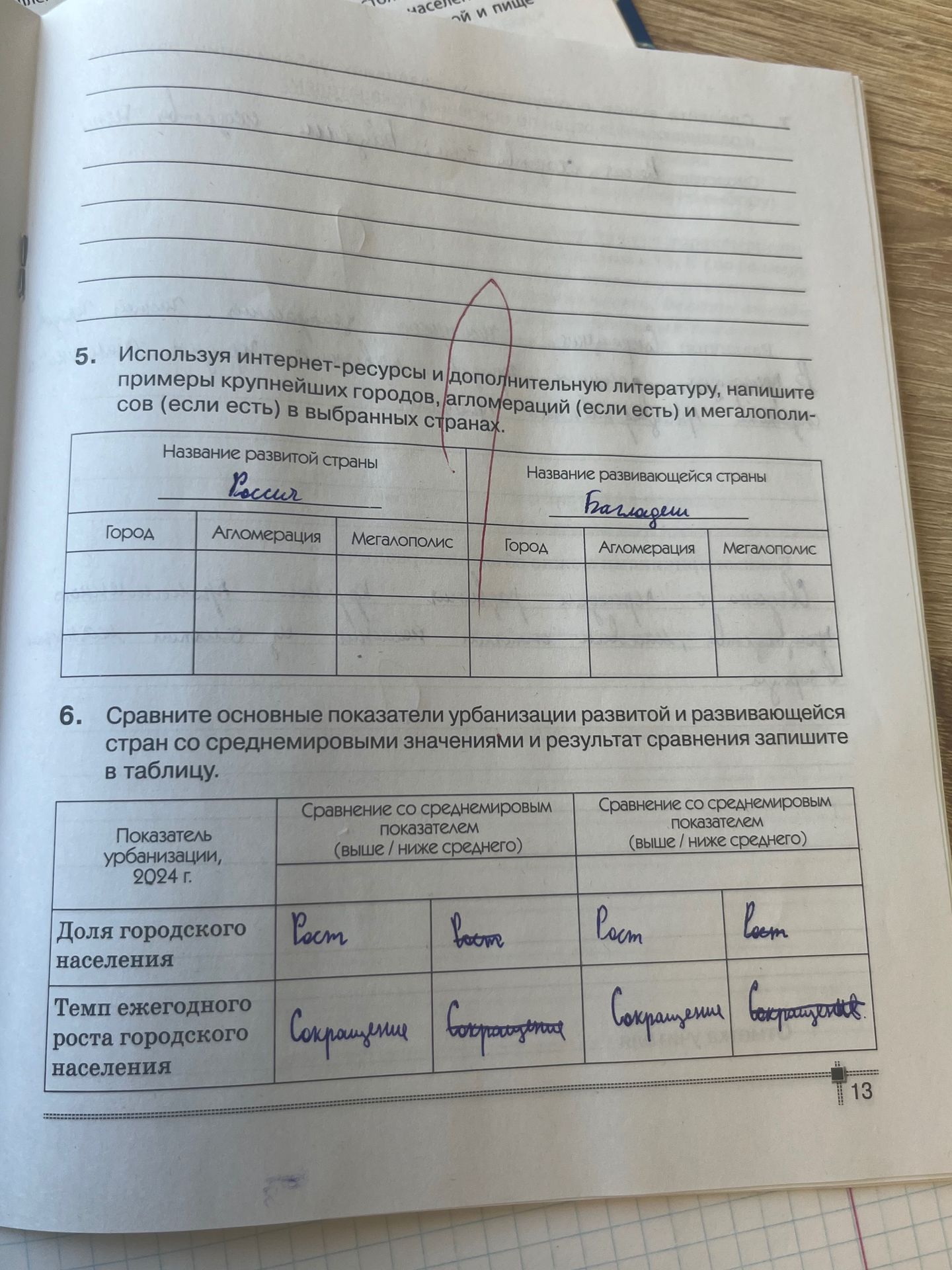 Фото задания: 6. Сравните основные показатели урбанизации развитой и развивающейся стран со среднемировыми значениями и результат сравнения…