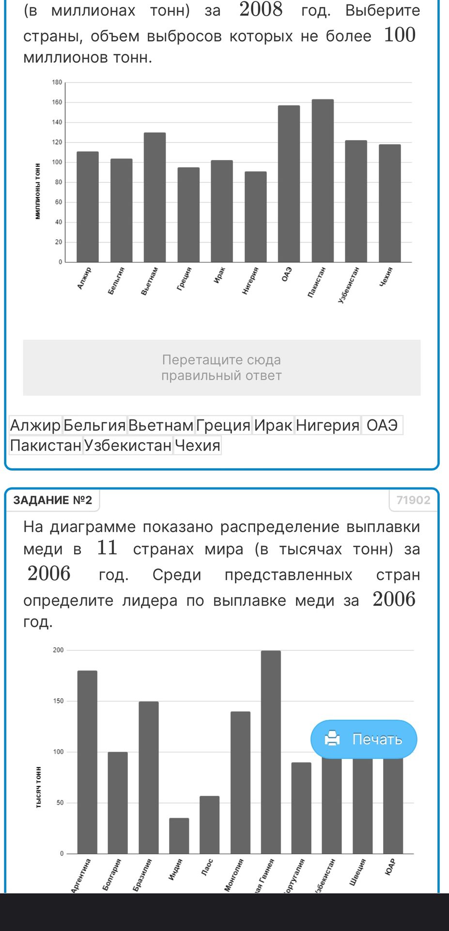 Фото задания: [Начало условия обрезано] (в миллионах тонн) за 2008 год. Выберите страны, объём выбросов которых не более 100 миллионов тонн.
