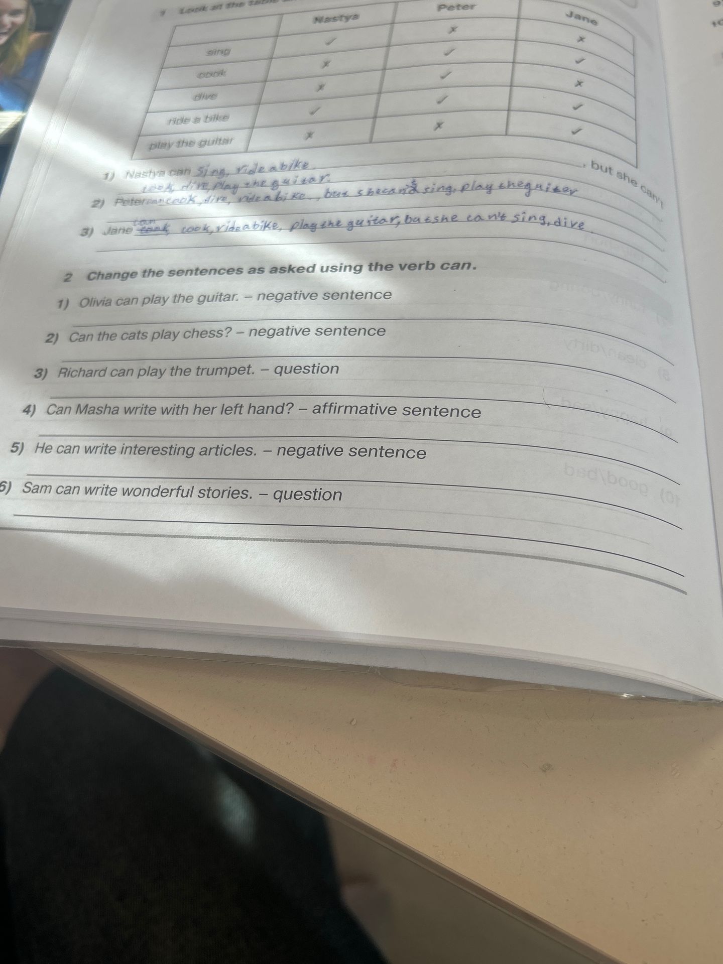 Фото задания: 1. Look at the table and complete the sentences about what Masha, Peter and Jane can and can’t do.