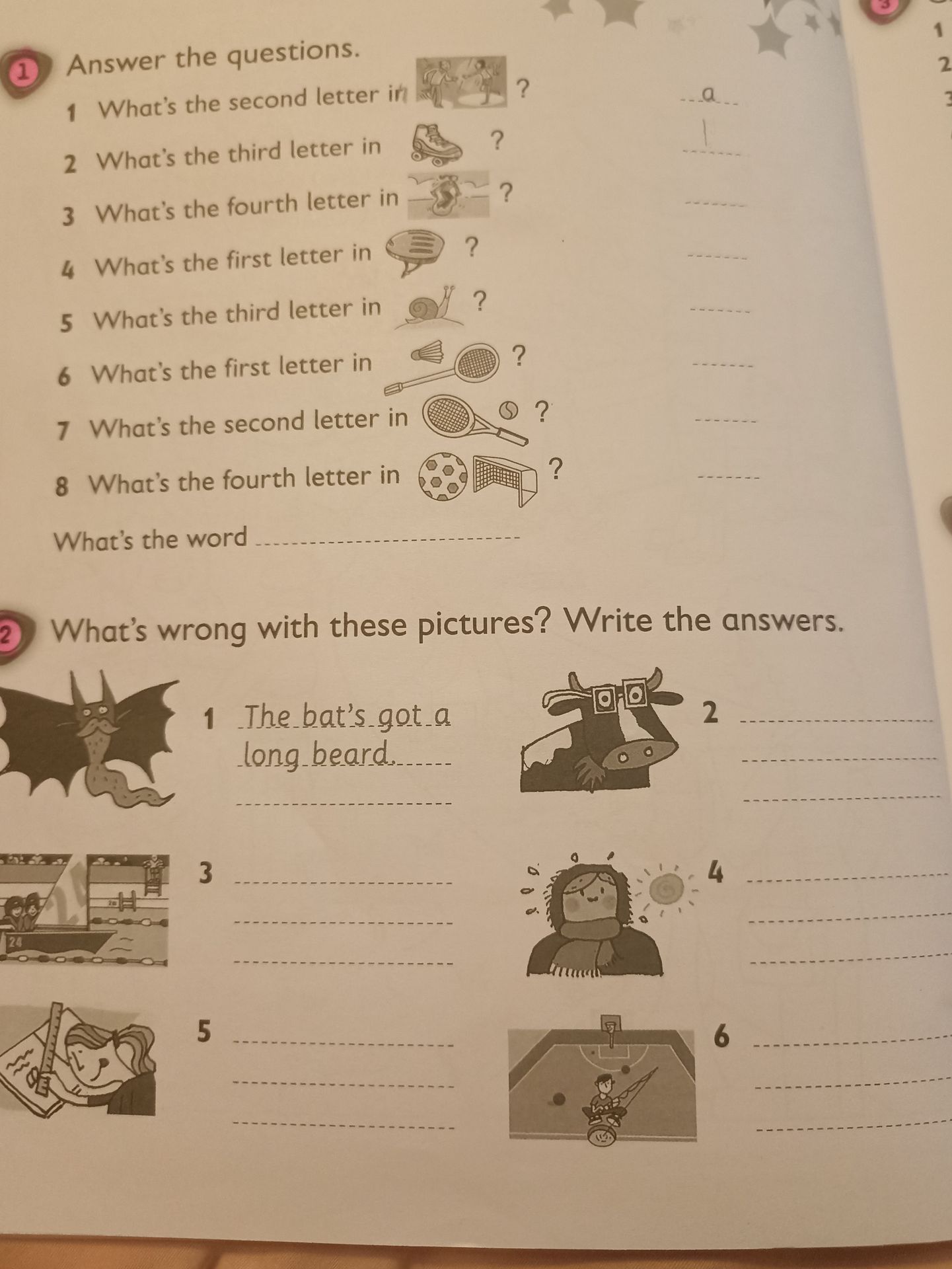 Фото задания: Exercise 1. Answer the questions. 1) What’s the second letter in [picture]? 2) What’s the third letter in [boot/shoe]? 3)…