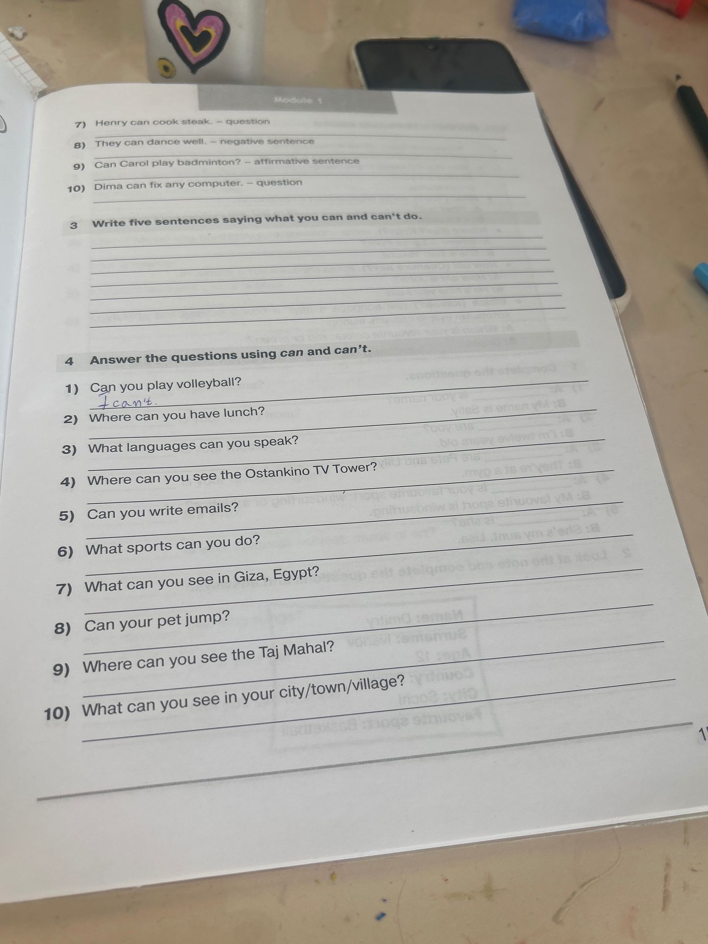 Фото задания: 7) Henry can cook steak. — question 8) They can dance well. — negative sentence 9) Can Carol play badminton? — affirmative…