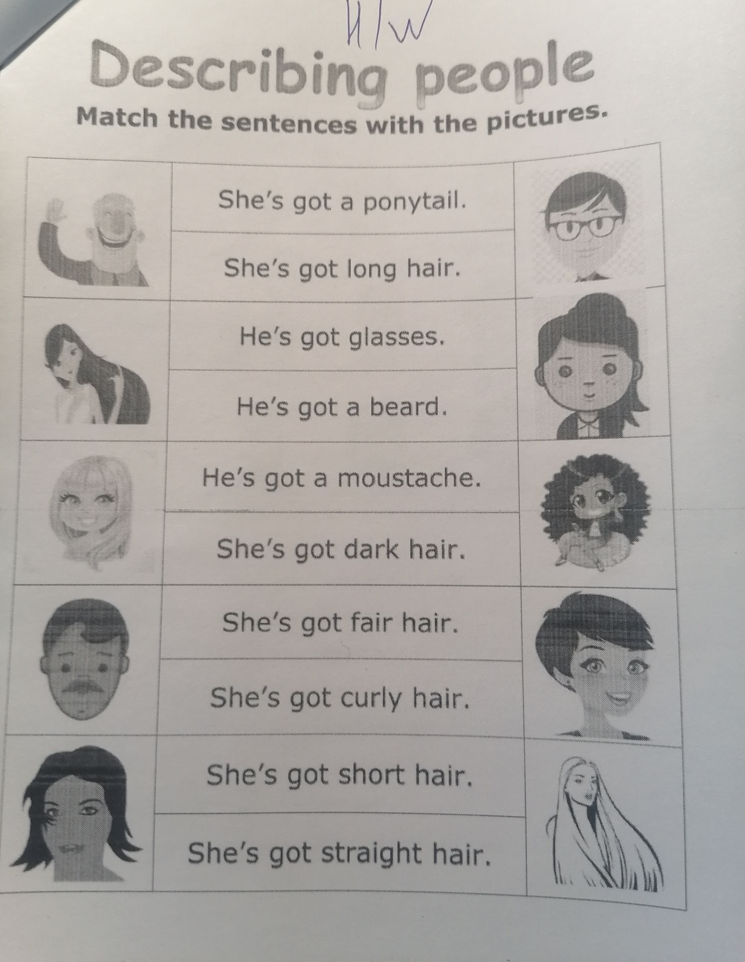 Фото задания: Describing people. Match the sentences with the pictures: She’s got a ponytail. She’s got long hair. He’s got glasses. He’s…