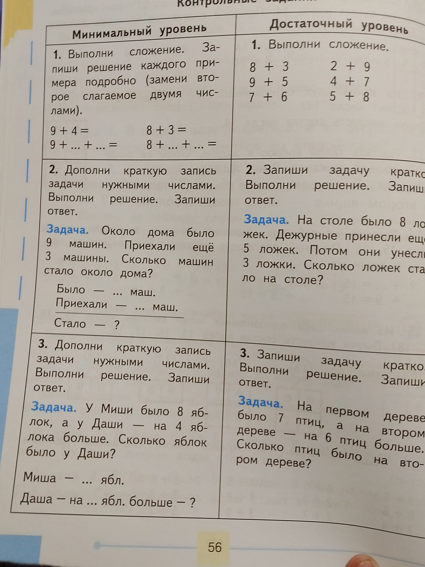 Фото задания: Достаточный уровень. 1. Выполни сложение: 8 + 3; 9 + 5; 7 + 6; 2 + 9; 4 + 7; 5 + 8.