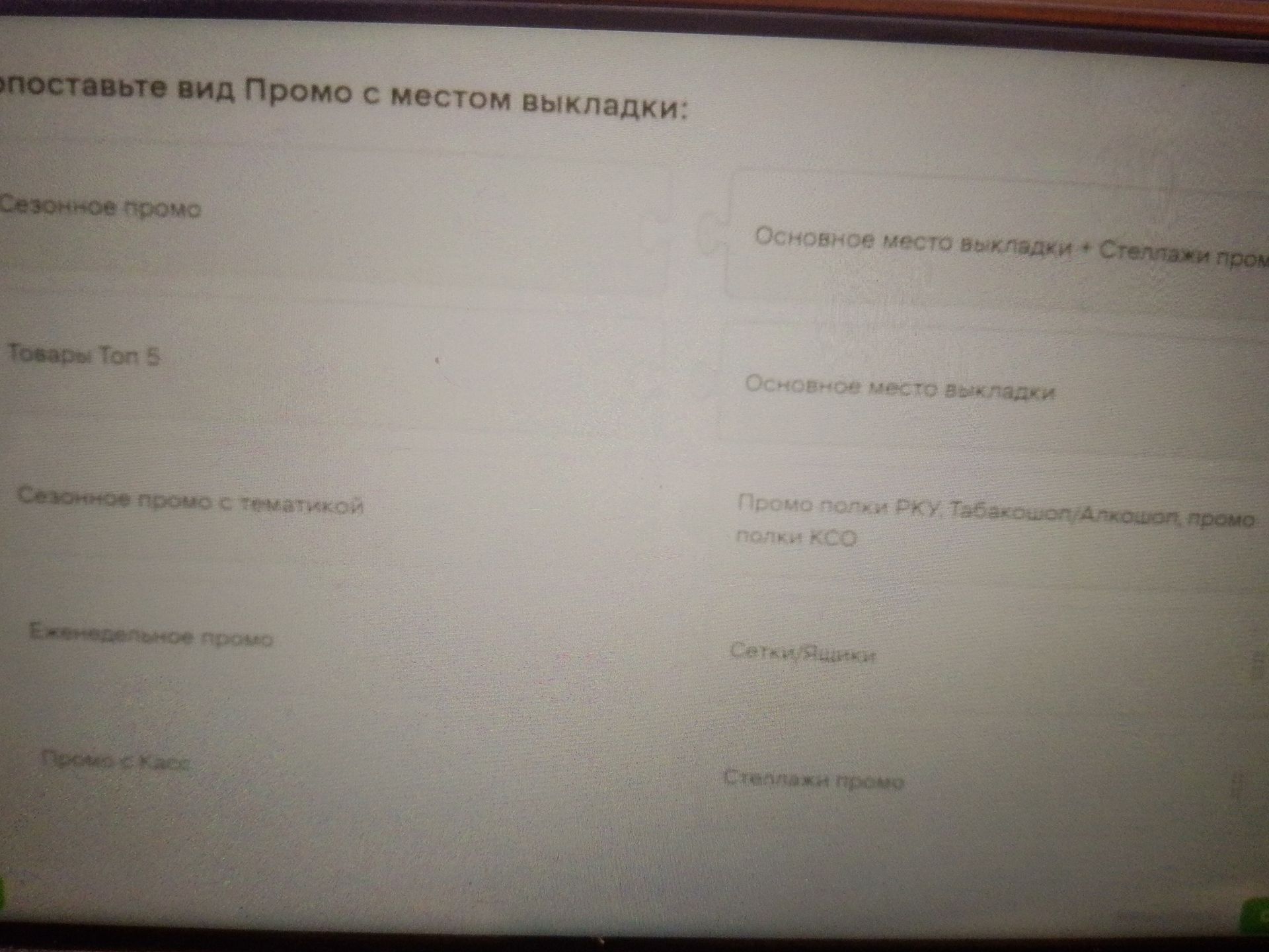 Фото задания: Сопоставьте вид промо с местом выкладки: сезонное промо; товары Топ 5; сезонное промо с тематикой; ежедневное промо;…