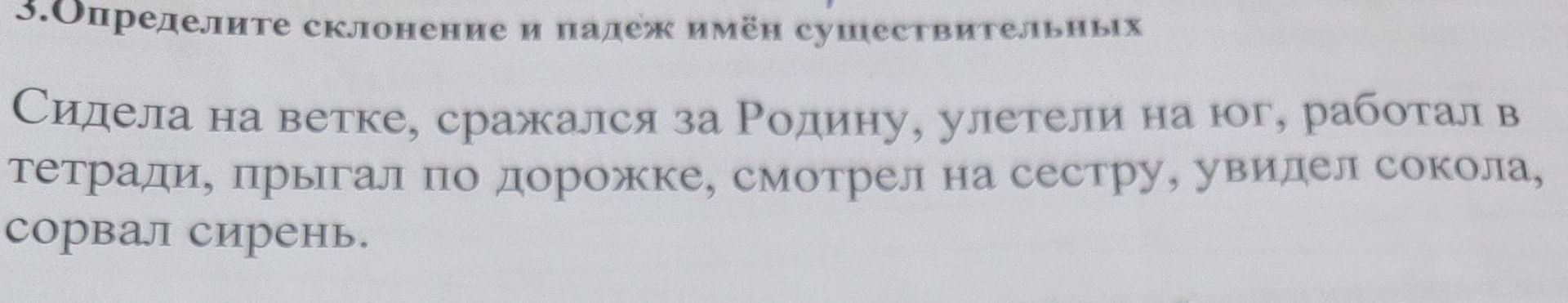 Фото задания: Определите склонение и падеж имён существительных: Сидела на ветке, сражался за Родину, улетели на юг, работал в тетради,…