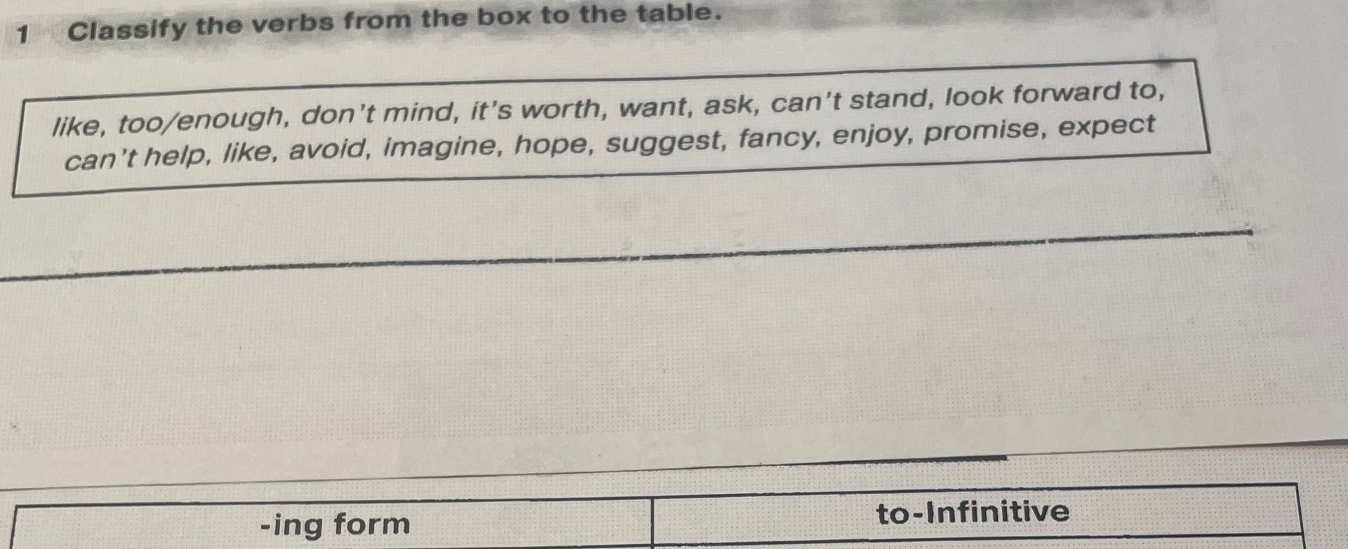 Фото задания: 1. Classify the verbs from the box to the table: like, too/enough, don’t mind, it’s worth, want, ask, can’t stand, look…