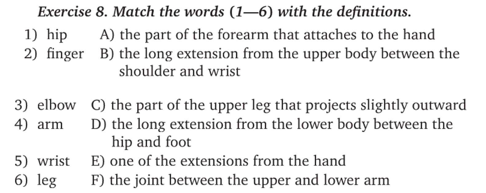 Фото задания: Exercise 8. Match the words (1—6) with the definitions. 1) hip 2) finger 3) elbow 4) arm 5) wrist 6) leg. A) the part of…