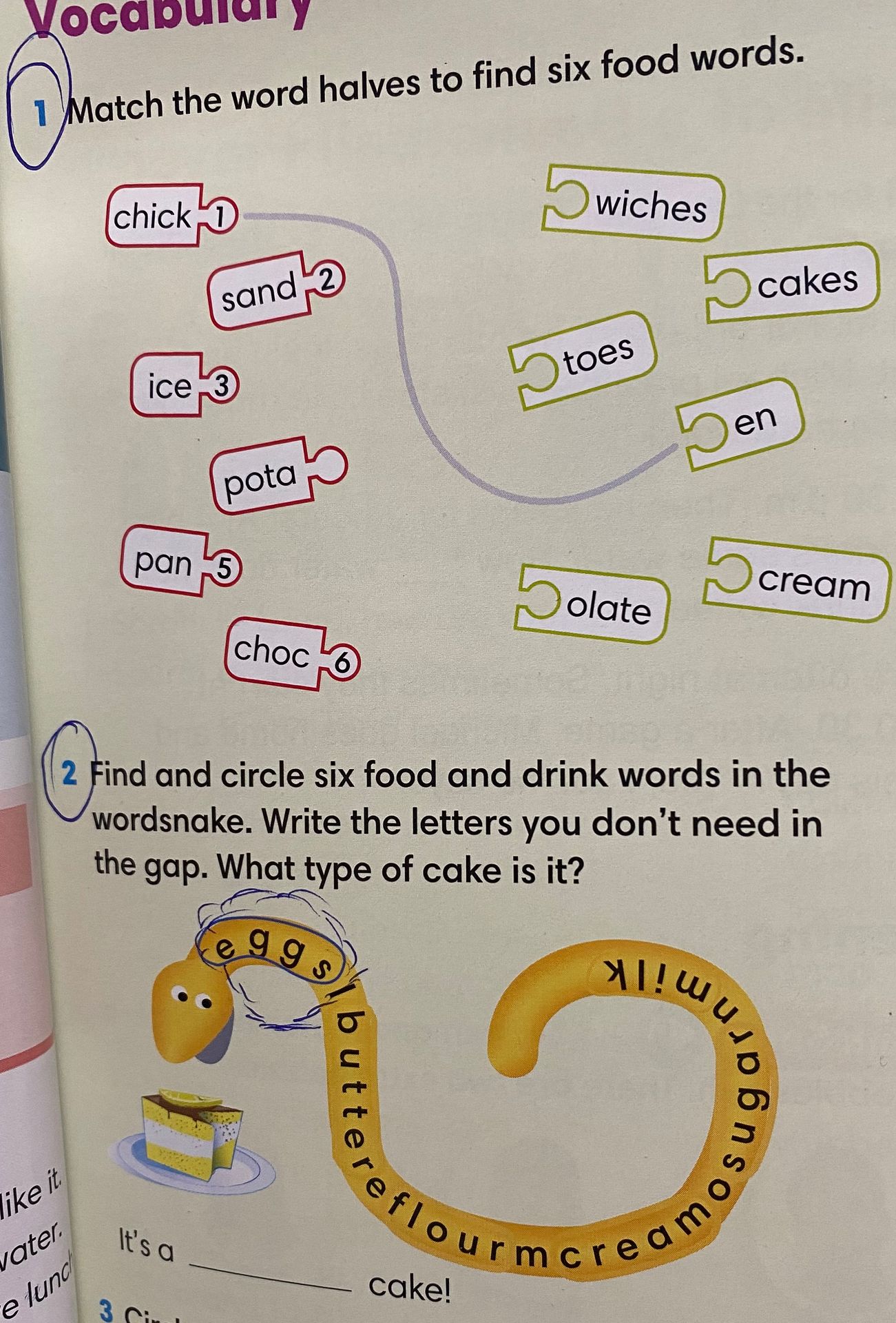 Фото задания: 1. Match the word halves to find six food words.