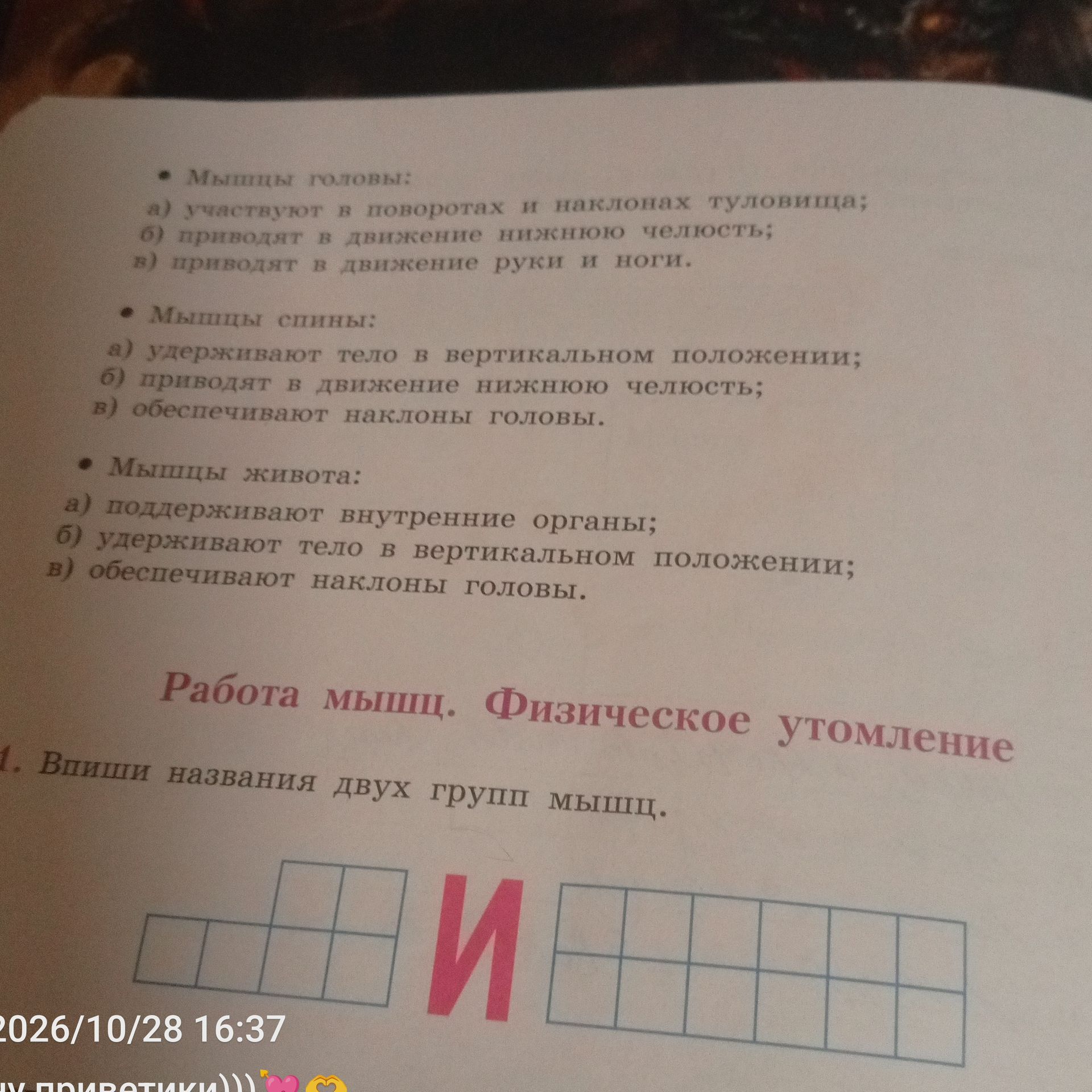 Фото задания: Работа мышц. Физическое утомление. 1. Впиши названия двух групп мышц.