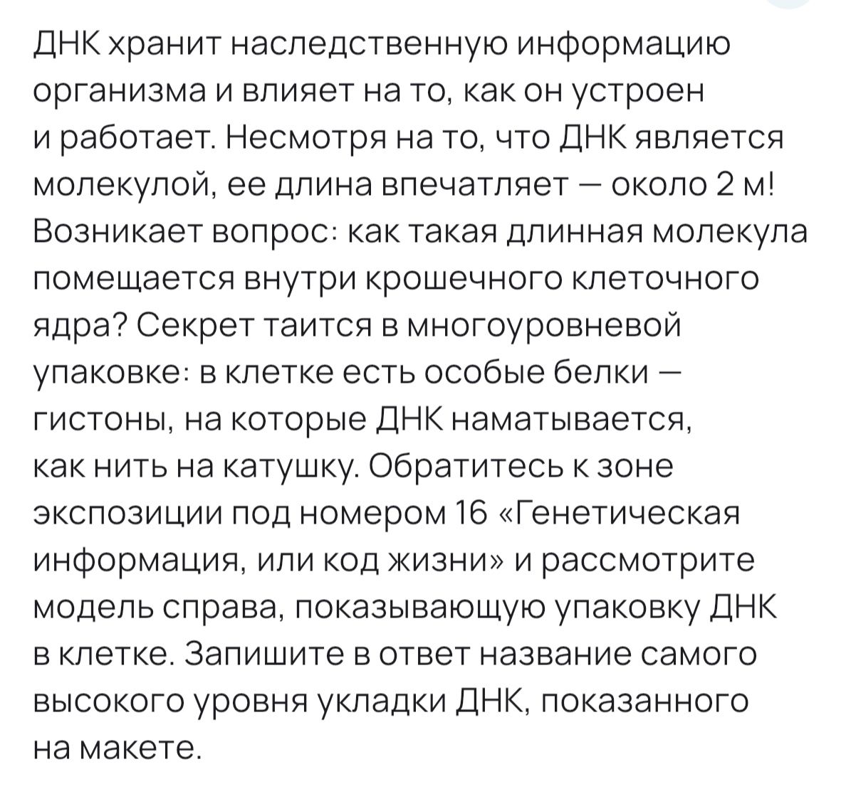 Фото задания: Запишите название самого высокого уровня укладки ДНК, показанного на макете.
