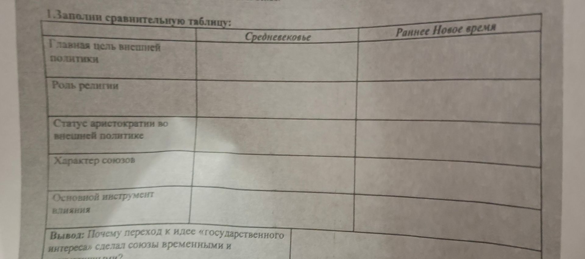 Фото задания: 1. Заполни сравнительную таблицу: Средневековье и Раннее Новое время. Строки: главная цель внешней политики; роль религии;…
