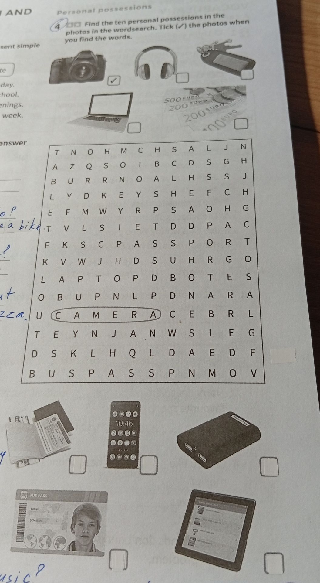 Фото задания: Exercise 4. Find the ten personal possessions in the wordsearch. Tick (✓) the photos when you find the words.