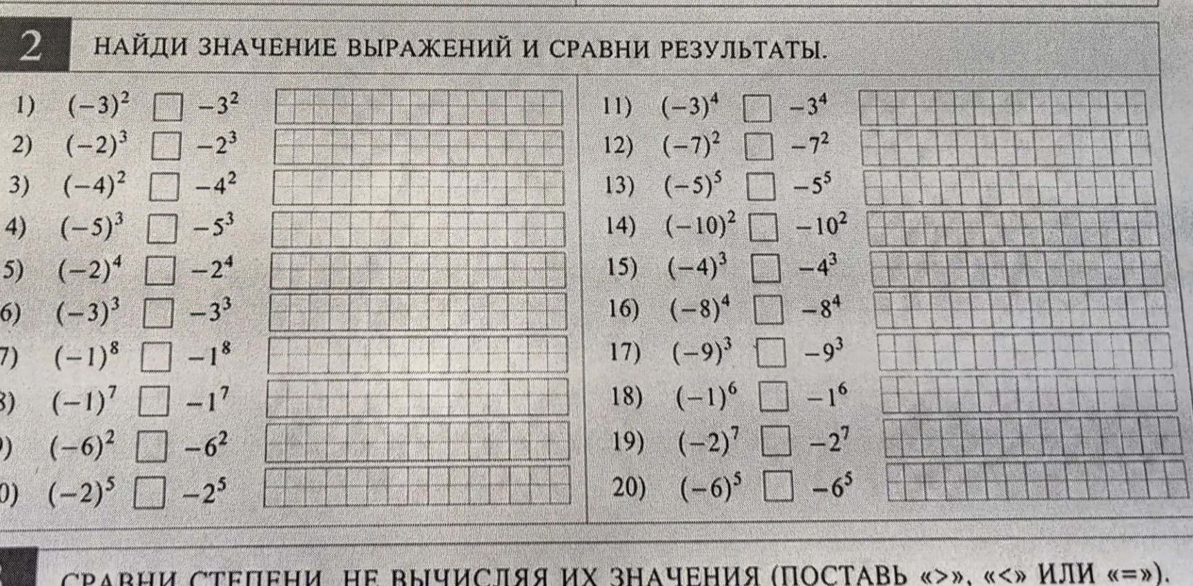 Фото задания: 2. Найди значение выражений и сравни результаты: 1) (−3)² □ −3²; 2) (−2)³ □ −2³; 3) (−4)² □ −4²; 4) (−5)³ □ −5³; 5) (−2)⁴ □…