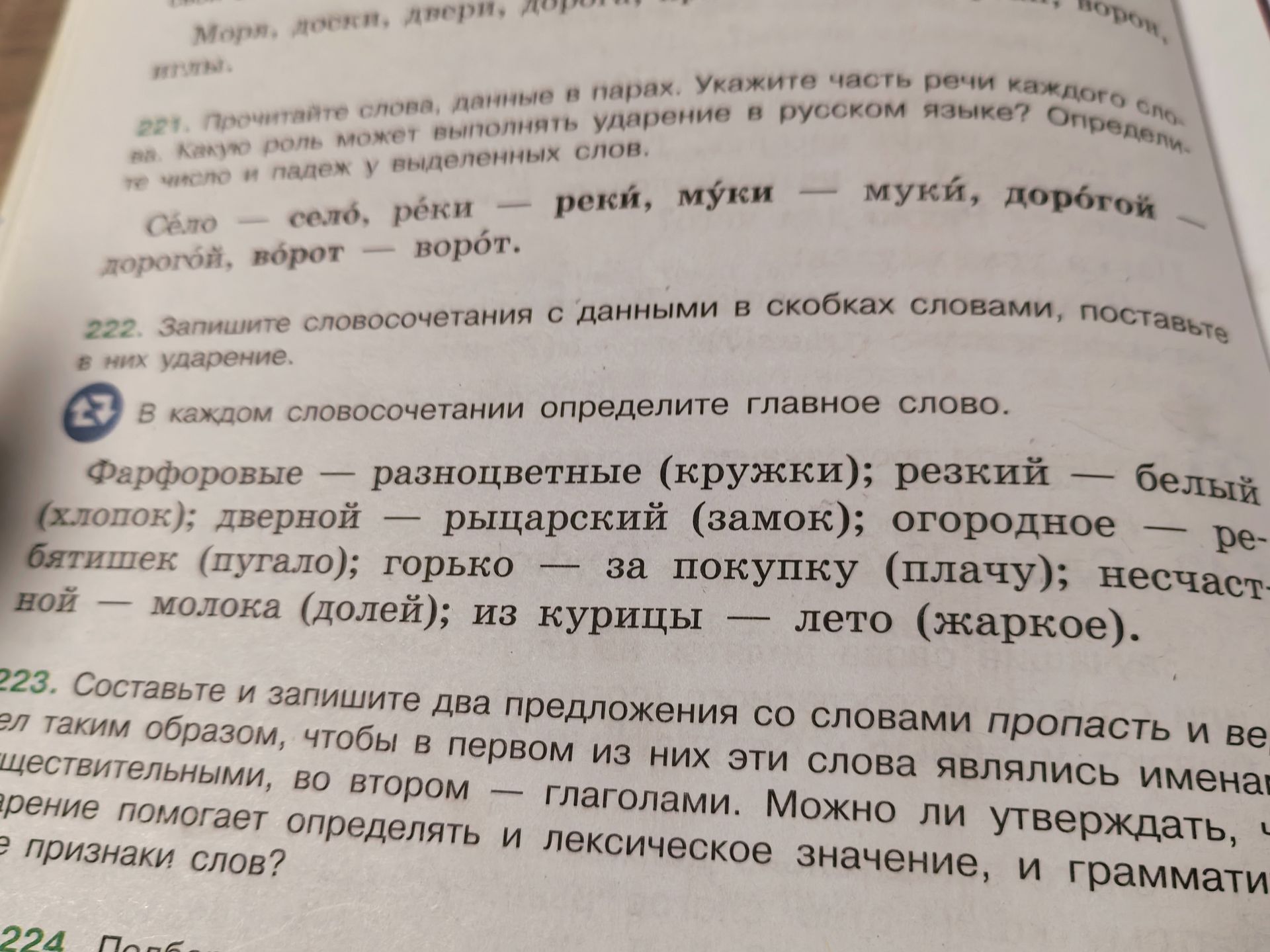 Фото задания: 223. Составьте и запишите два предложения со словами «пропасть» и «ве…» так, чтобы в первом из них эти слова являлись именами…