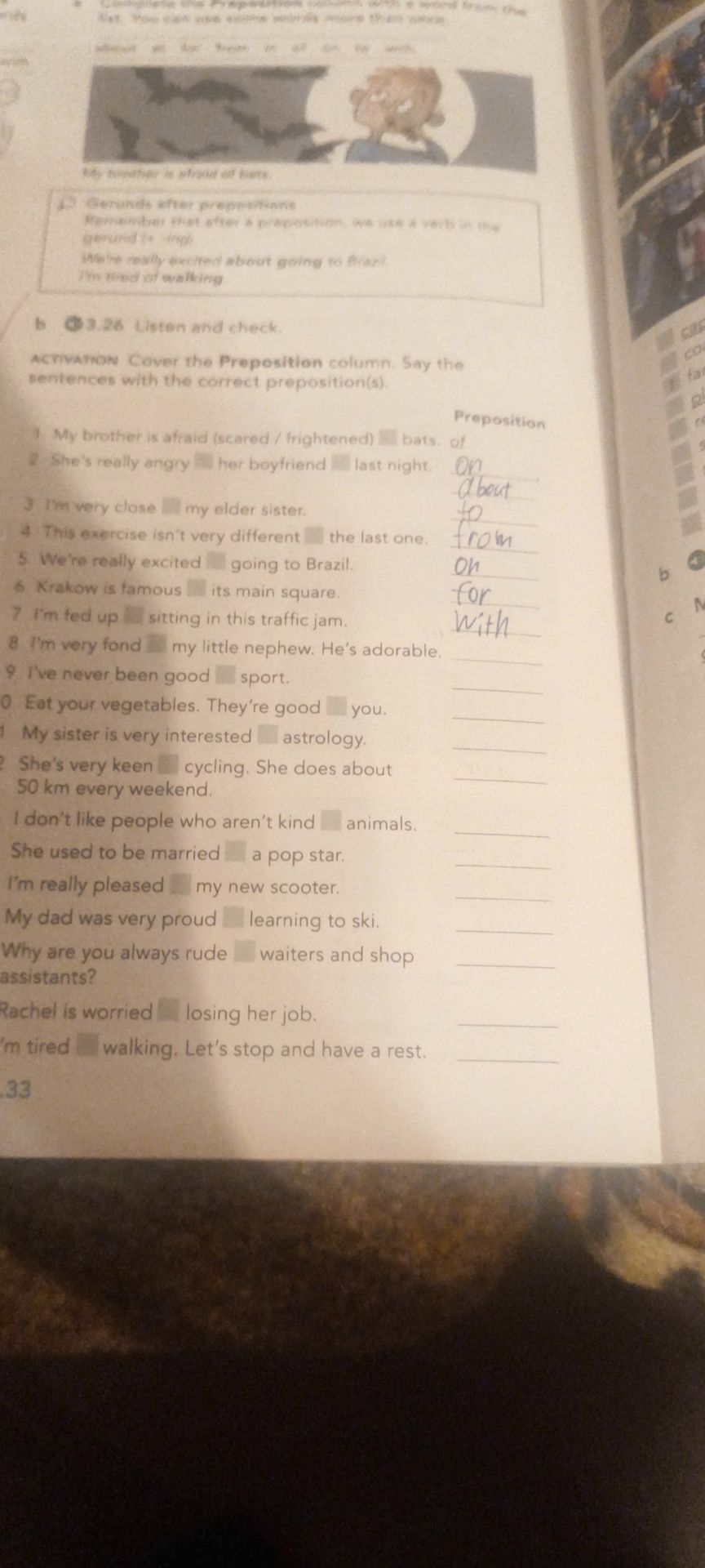 Фото задания: b) 3.24 Listen and check. ACTIVATION: Cover the Preposition column. Say the sentences with the correct preposition(s). 1.…