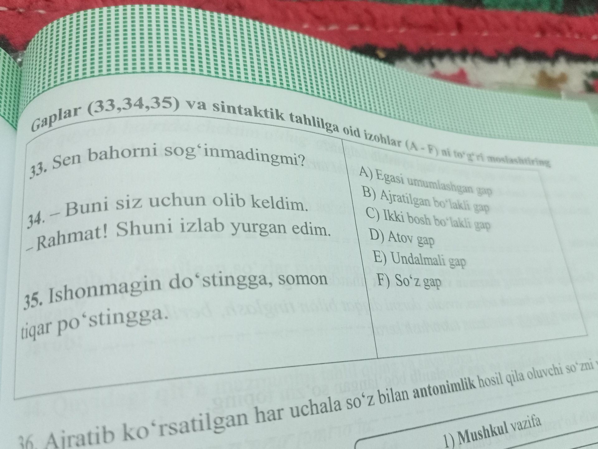 Фото задания: Gaplar (33, 34, 35) va sintaktik tahlilga oid izohlar (A–F)ni to‘g‘ri moslashtiring. 33. Sen bahorni sog‘inmadingmi? 34. —…