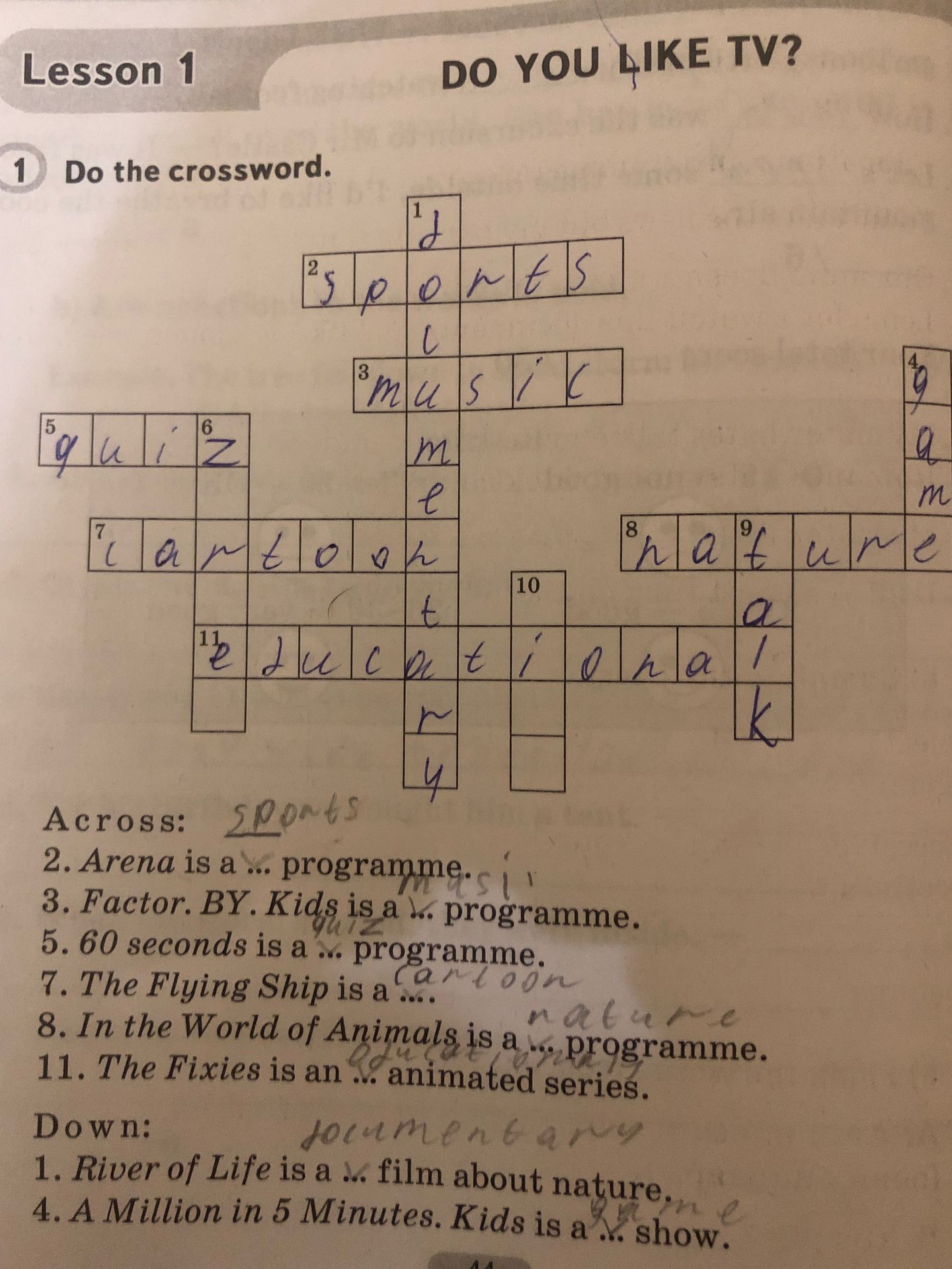 Фото задания: Do the crossword. Across: 2. Arena is a ... programme. 3. Factor BY Kids is a ... programme. 5. 60 seconds is a ...…