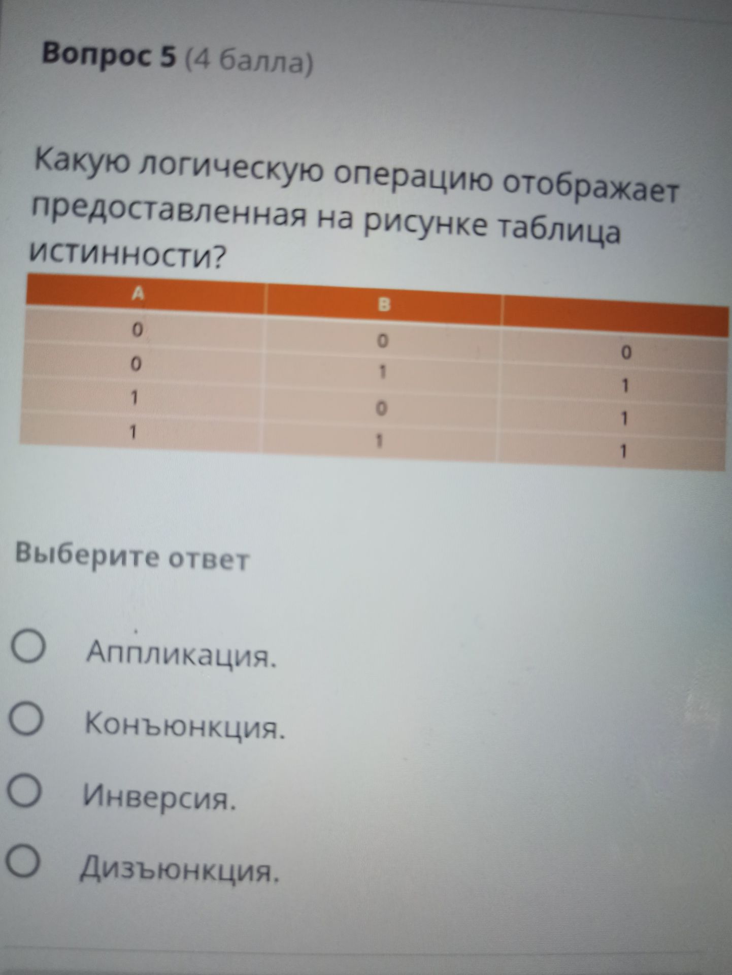 Фото задания: Вопрос 5. Какую логическую операцию отображает представленная на рисунке таблица истинности? Выберите ответ: аппликация;…