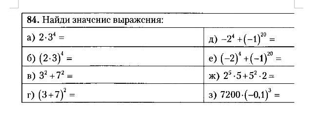 Фото задания: 84. Найди значение выражения: а) 2·3⁴ =; б) (2·3)⁴ =; в) 3² + 7² =; г) (3 + 7)² =; д) −2⁴ + (−1)²⁰ =; е) (−2)⁴ + (−1)²⁰ =; ж)…
