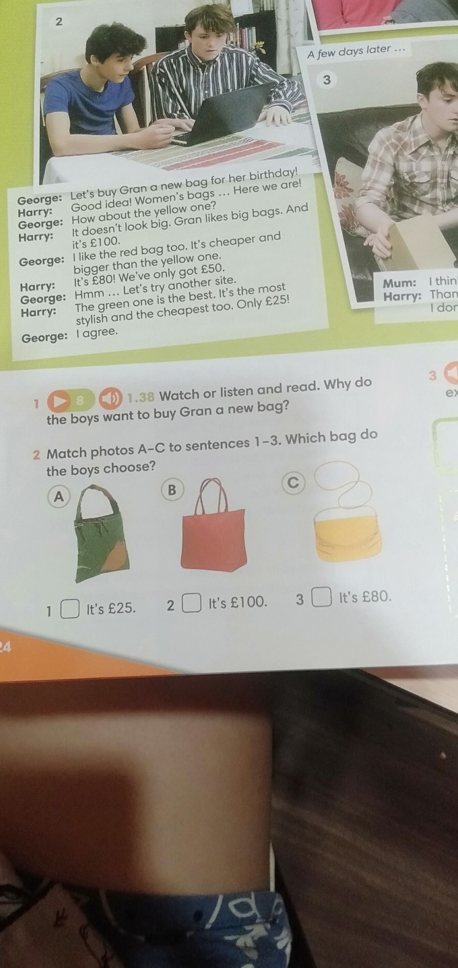 Фото задания: 1. Watch or listen and read. Why do the boys want to buy Gran a new bag?