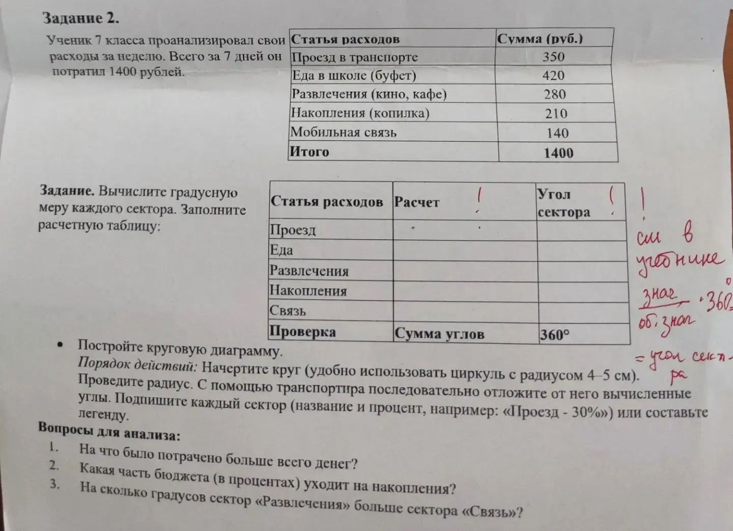 Фото задания: Задание 2. Ученик 7 класса проанализировал свои расходы за неделю. Всего за 7 дней он потратил 1400 рублей. Расходы: проезд в…