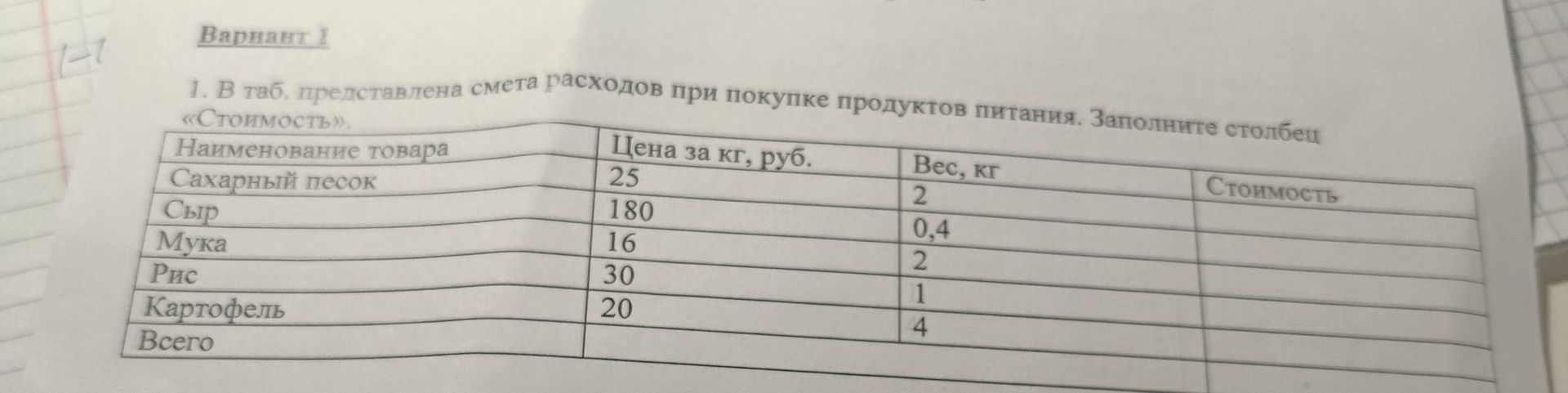 Фото задания: 1. В таб. представлена смета расходов при покупке продуктов питания. Заполните столбец «Стоимость».