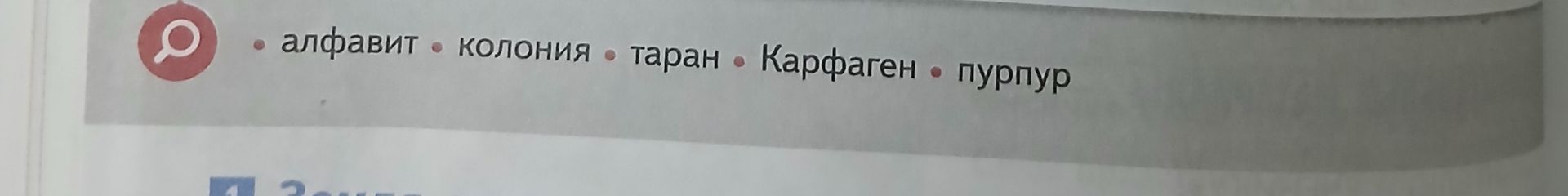 Фото задания: На изображении видны слова: «алфавит», «колония», «таран», «Карфаген», «пурпур». Условие задания обрезано.