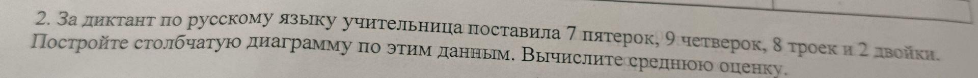 Фото задания: 2. За диктант по русскому языку учительница поставила 7 пятёрок, 9 четвёрок, 8 троек и 2 двойки. Постройте столбчатую…