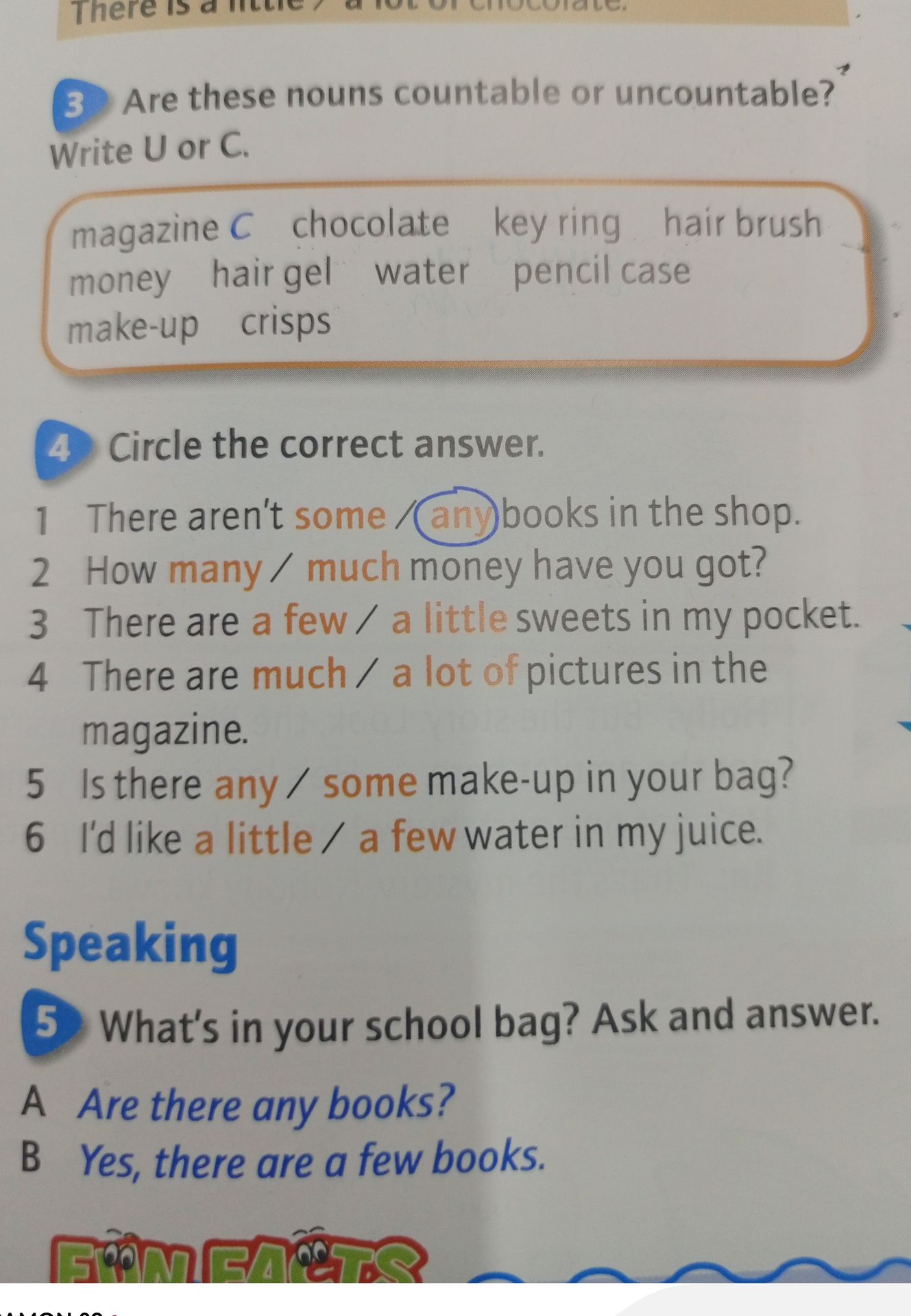 Фото задания: 3. Are these nouns countable or uncountable? Write U or C: magazine, chocolate, key ring, hair brush, money, hair gel, water,…