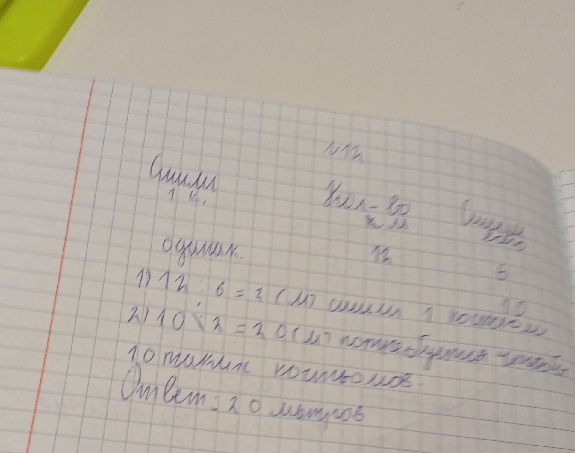 Фото задания: На фотографии видна рукописная работа: 1) 12 : 6 = 2; 2) 10 × 2 = 20. Полное условие задачи и единицы измерения неразборчивы.
