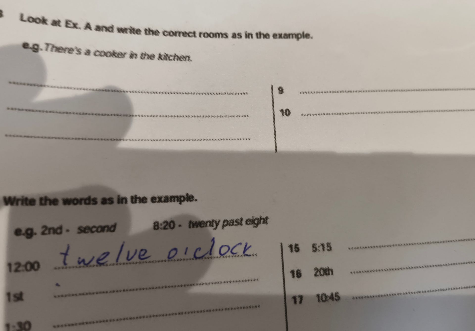 Фото задания: Look at Ex. A and write the correct rooms as in the example. E.g. There’s a cooker in the kitchen. Items 9 and 10 are…