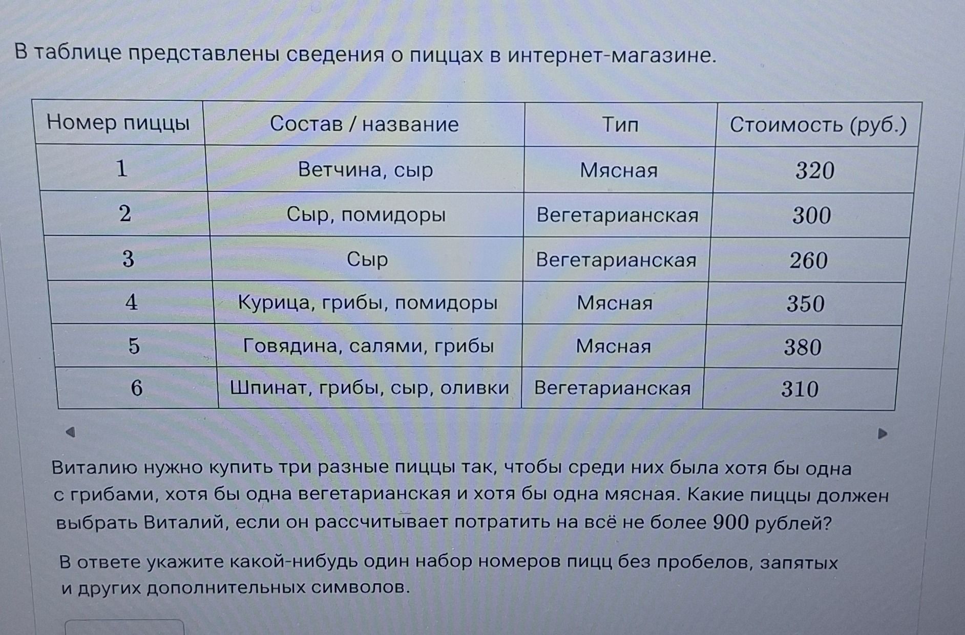 Фото задания: В таблице представлены сведения о пиццах в интернет-магазине. Номер 1: ветчина, сыр; мясная; 320 руб. Номер 2: сыр, помидоры;…