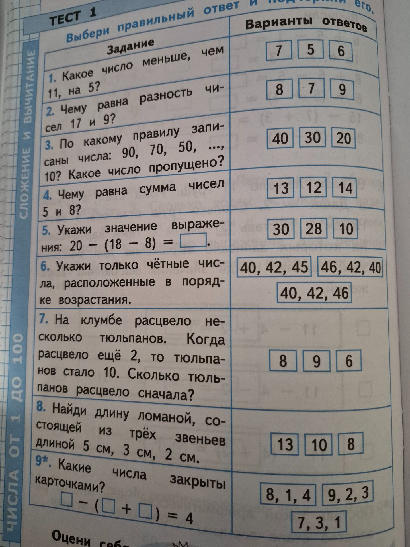 Фото задания: 2. Чему равна разность чисел 17 и 9? Варианты: 8, 7, 9.