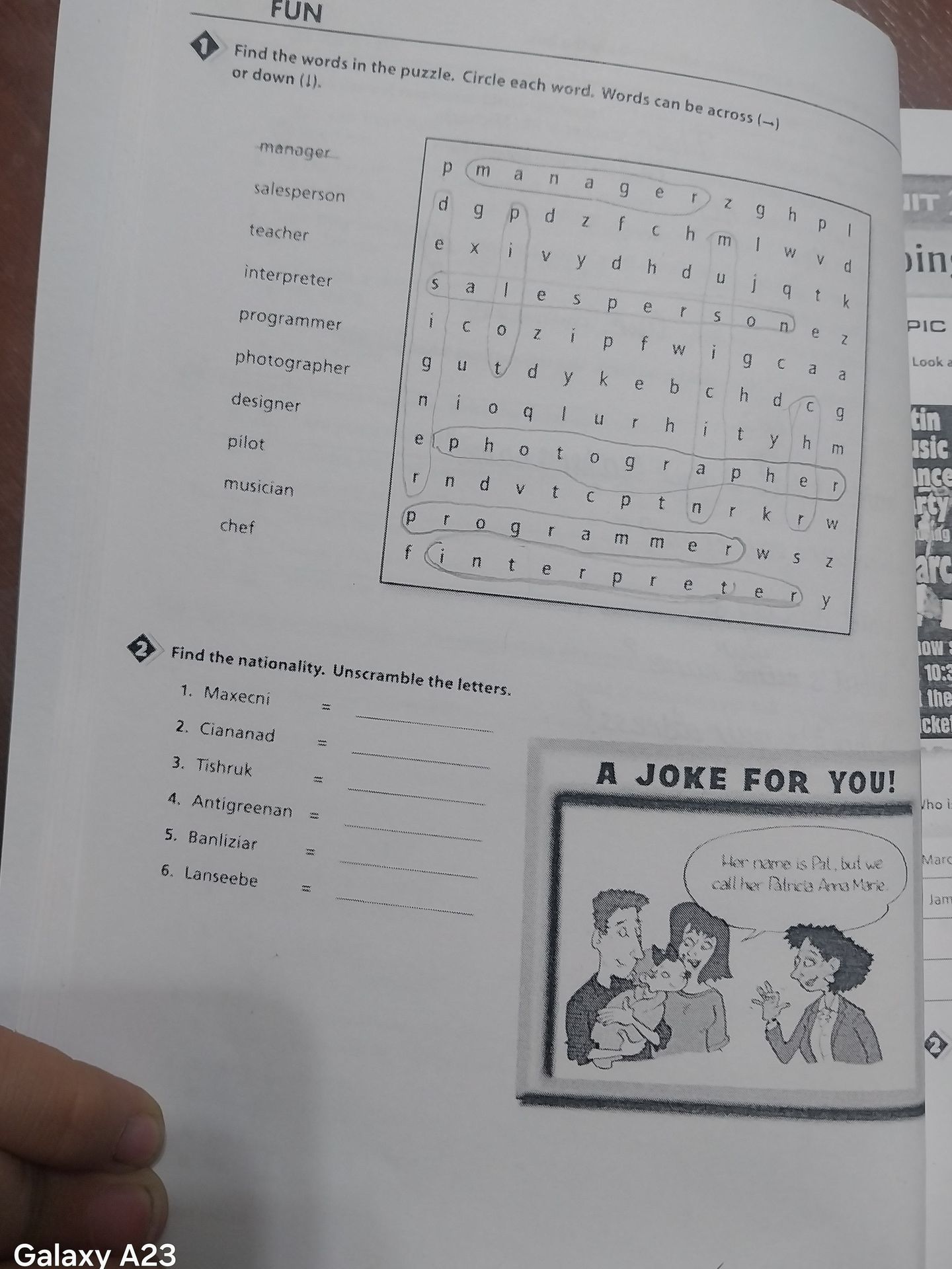 Фото задания: 1. Find the words in the puzzle. Circle each word. Words can be across (→) or down (↓): manager, salesperson, teacher,…
