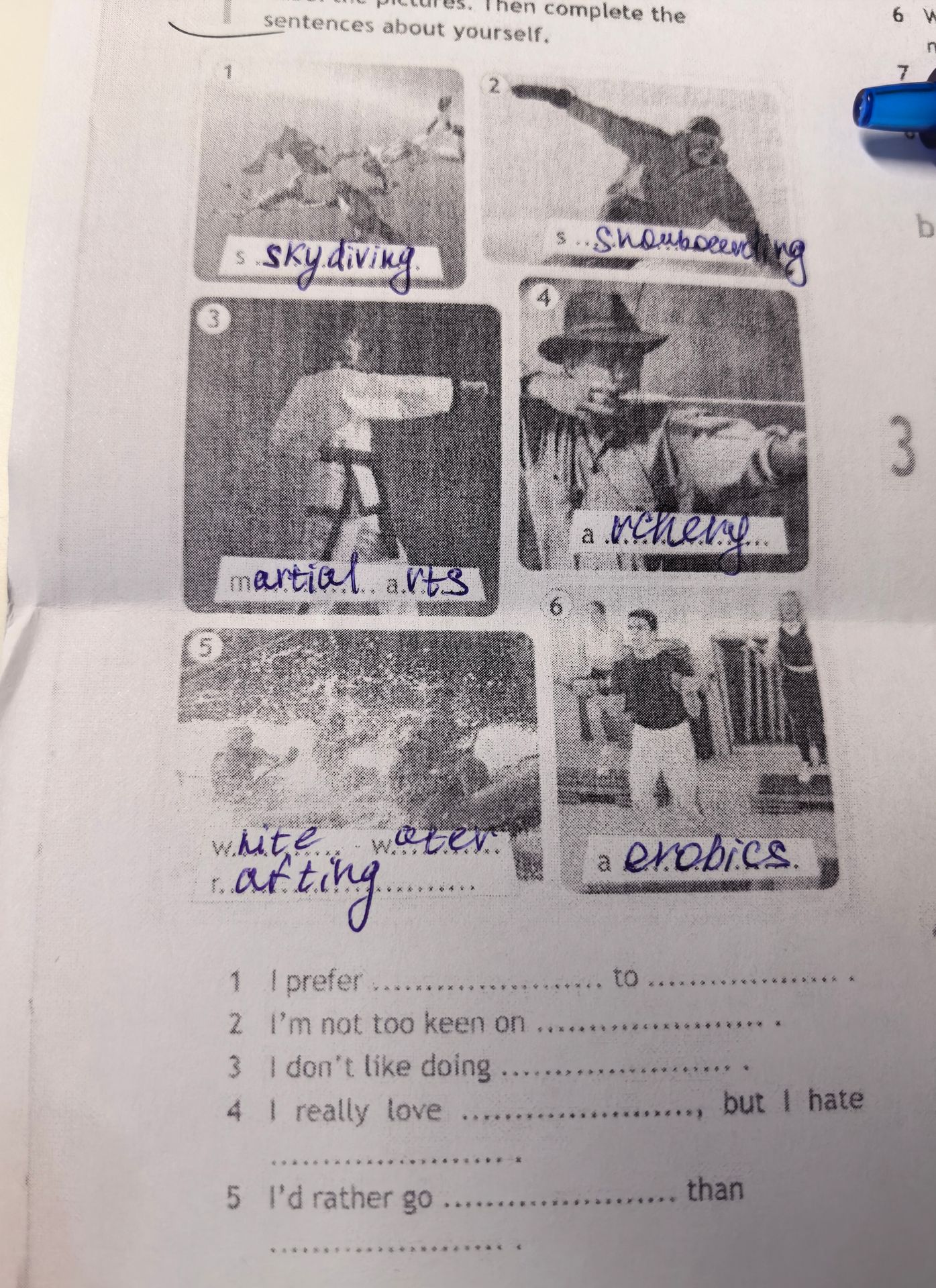 Фото задания: Look at the pictures. Then complete the sentences about yourself. 1–6: name the activities. 1 I prefer … to … . 2 I’m not too…