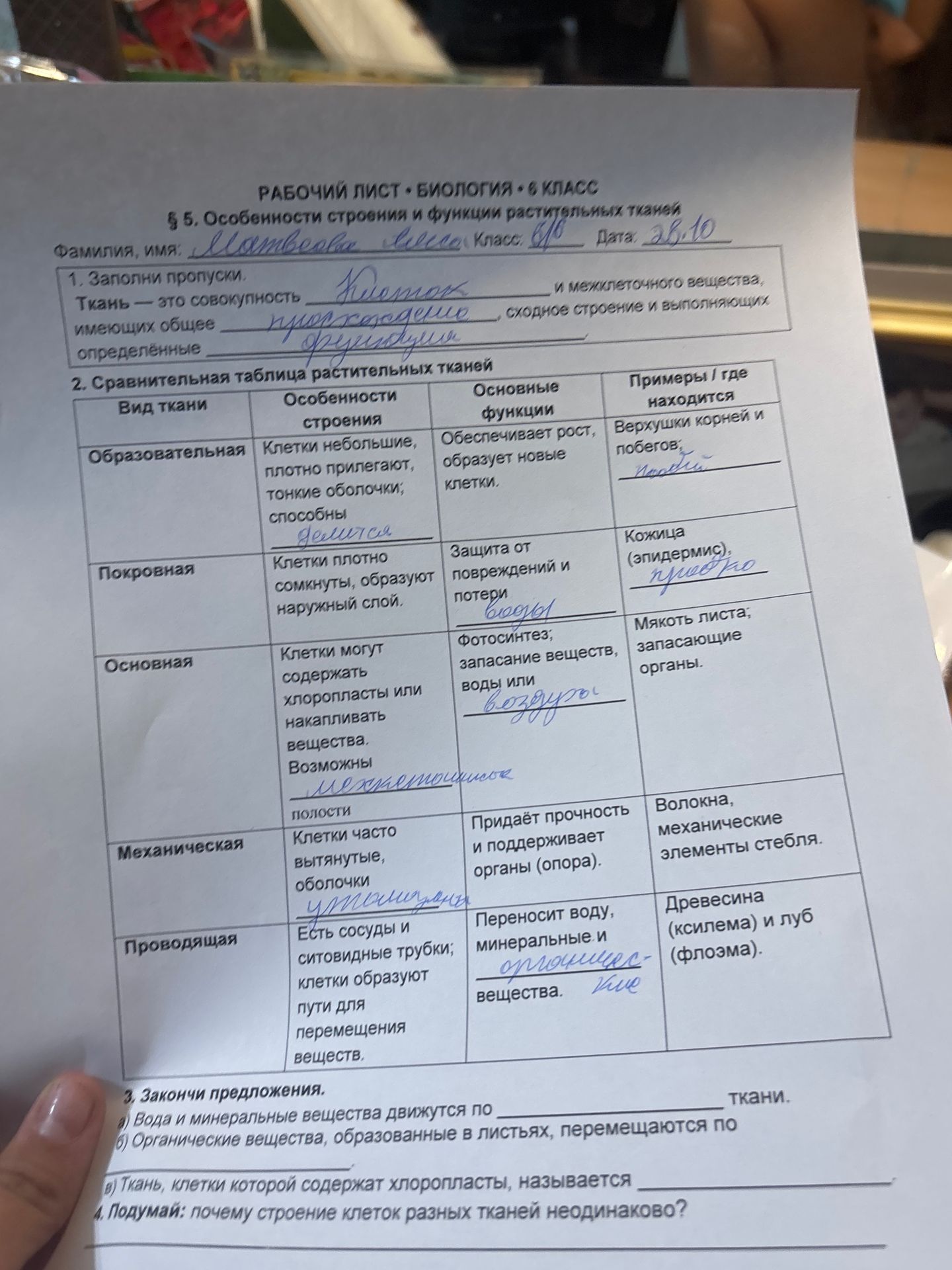 Фото задания: 1. Заполни пропуски. Ткань — это совокупность ______ и межклеточного вещества, имеющих общее ______, сходное строение и…