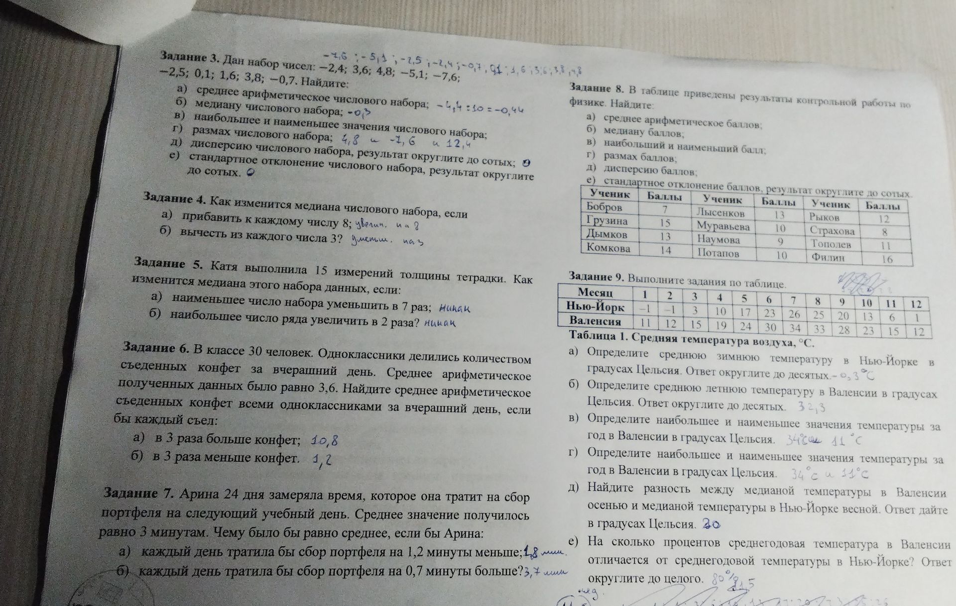 Фото задания: Задание 9. Выполните задания по таблице. Средняя температура воздуха, °C: Нью-Йорк по месяцам 1–12: −1, −1, 3, 10, 17, 23,…