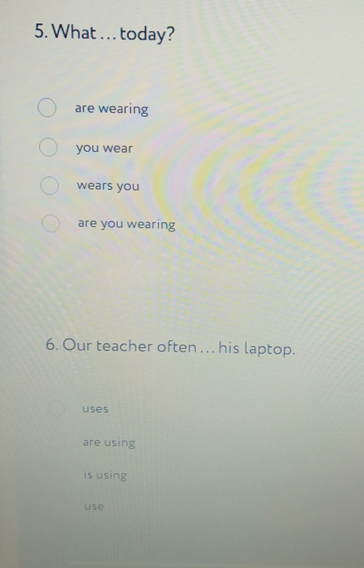 Фото задания: 6. Our teacher often ... his laptop. (uses / are using / is using / use)
