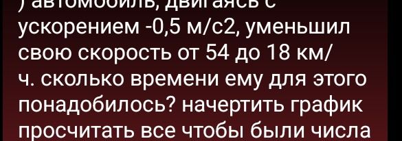 Фото задания: [Начало условия обрезано] Автомобиль, двигаясь с ускорением −0,5 м/с², уменьшил свою скорость от 54 до 18 км/ч. Сколько…