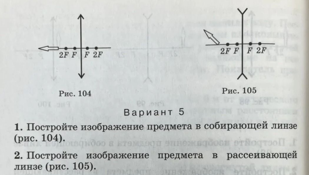 Фото задания: 1. Постройте изображение предмета в собирающей линзе (рис. 104).