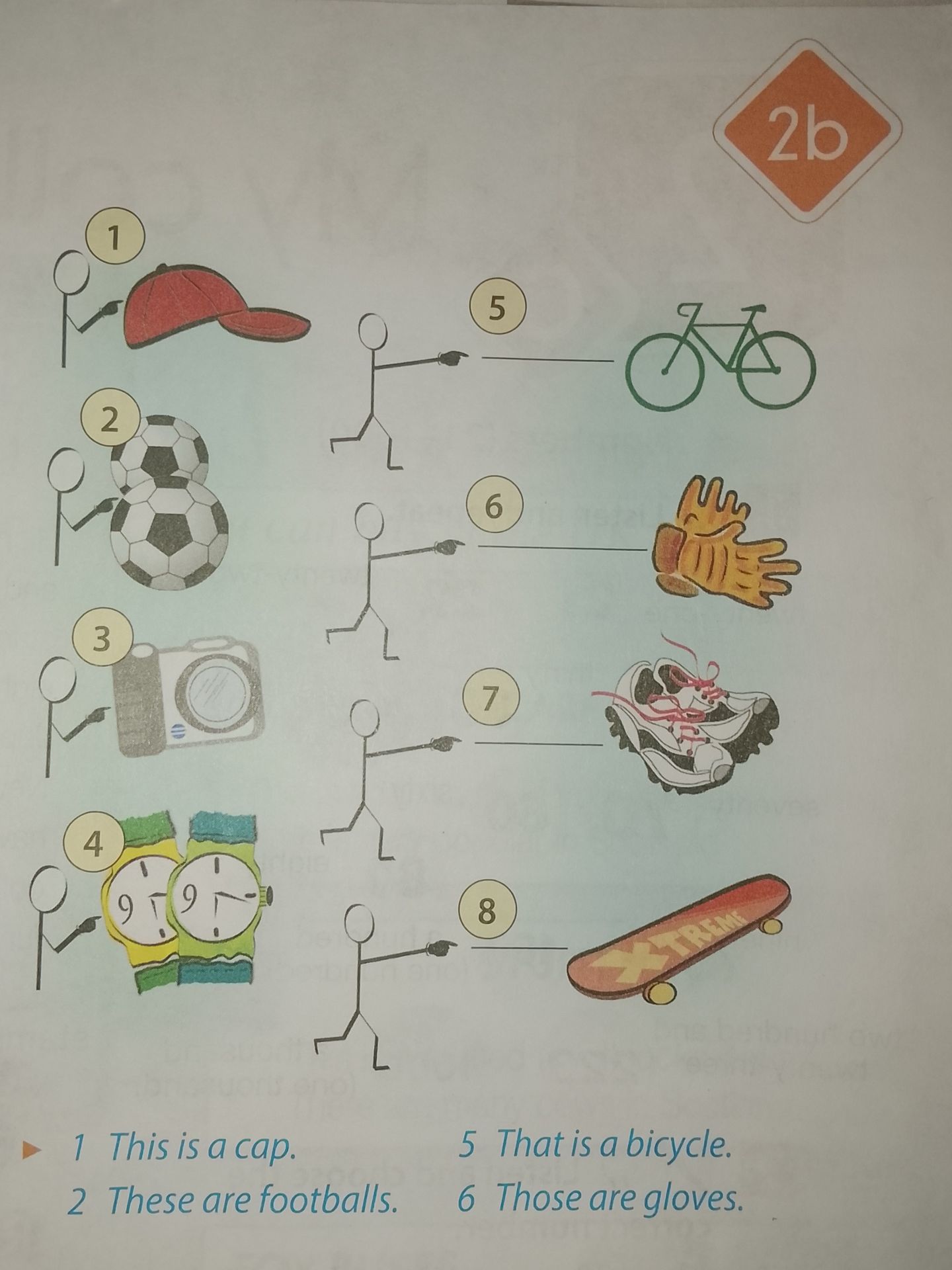 Фото задания: 1 This is a cap. 2 These are footballs. 3 [sentence not visible]. 4 [sentence not visible]. 5 That is a bicycle. 6 Those…