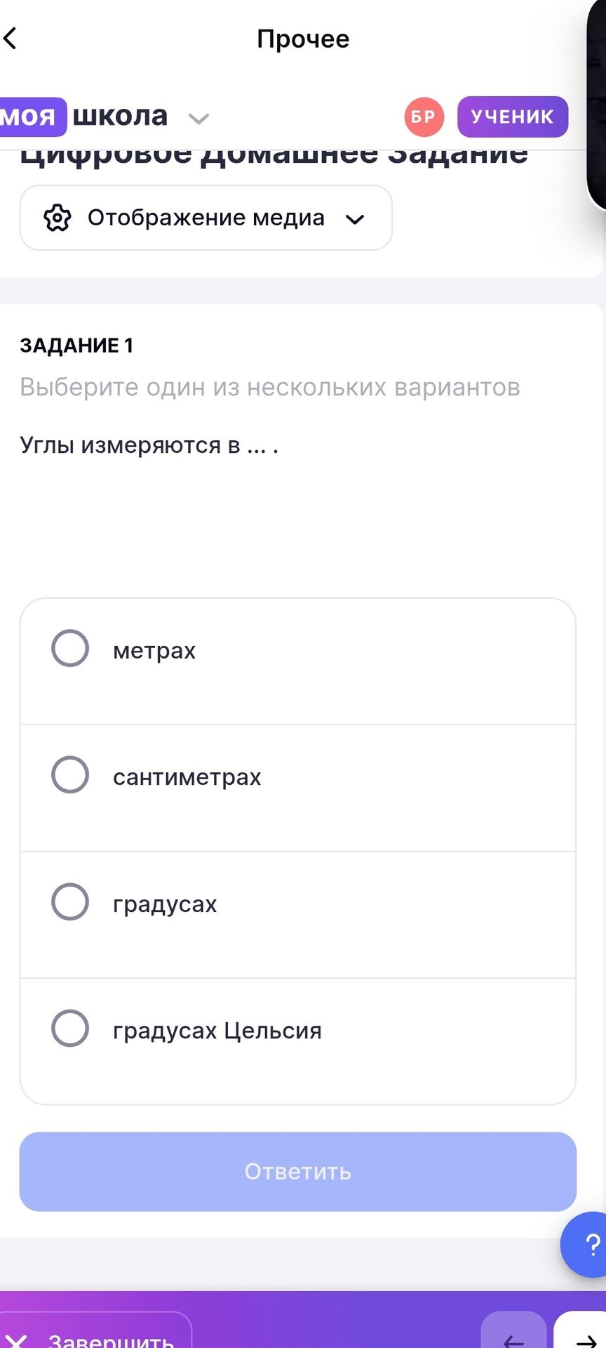 Фото задания: Задание 1. Углы измеряются в … . Выберите один из вариантов: метрах; сантиметрах; градусах; градусах Цельсия.