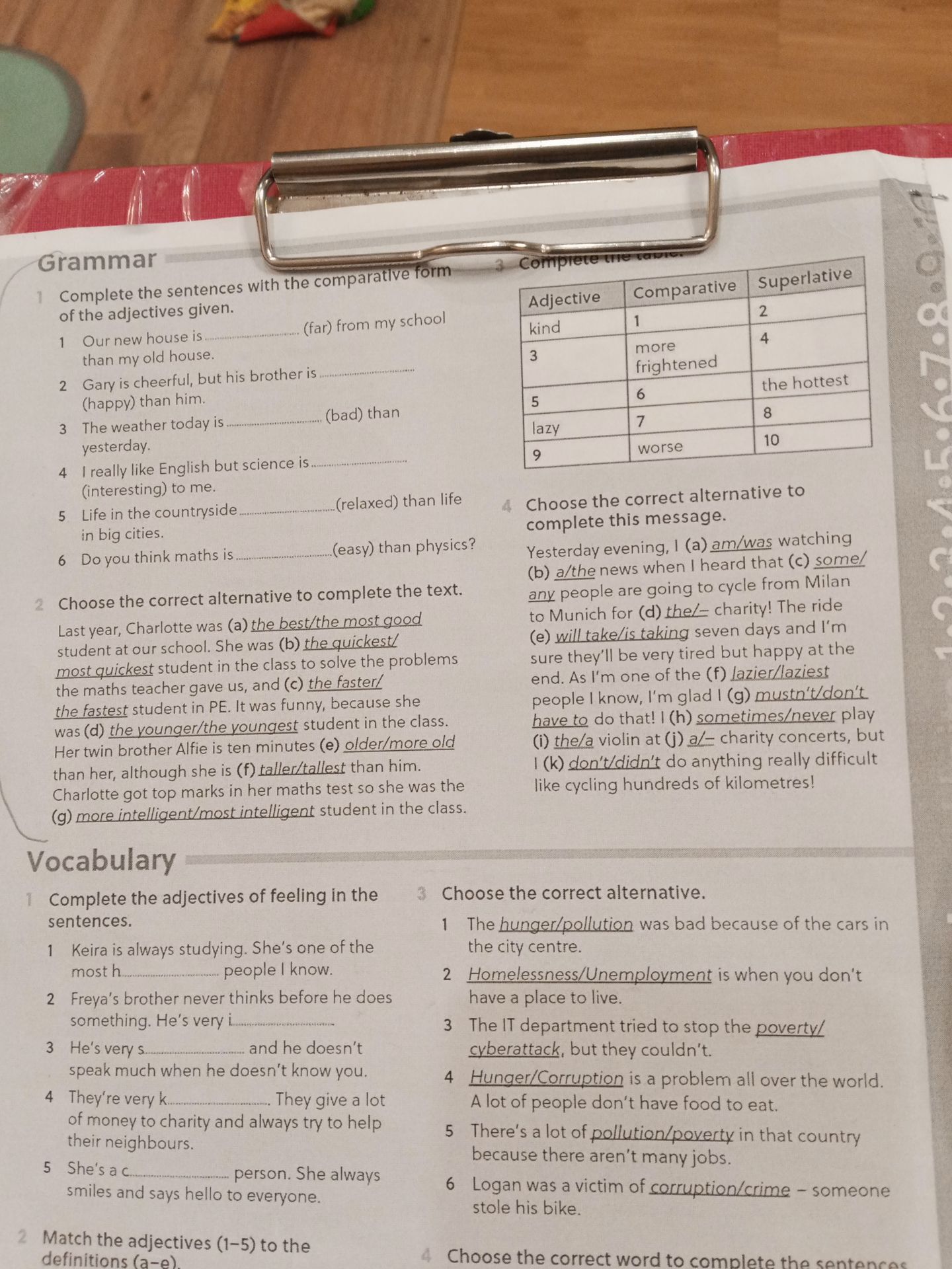 Фото задания: Grammar 3. Complete the table. Columns: Adjective, Comparative, Superlative. Rows: kind | 1 | 2; 3 | more frightened | 4; 5 |…