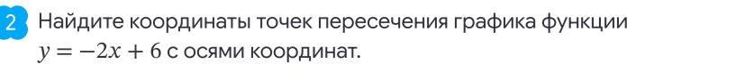 Фото задания: Найдите координаты точек пересечения графика функции \(y=-2x+6\) с осями координат.