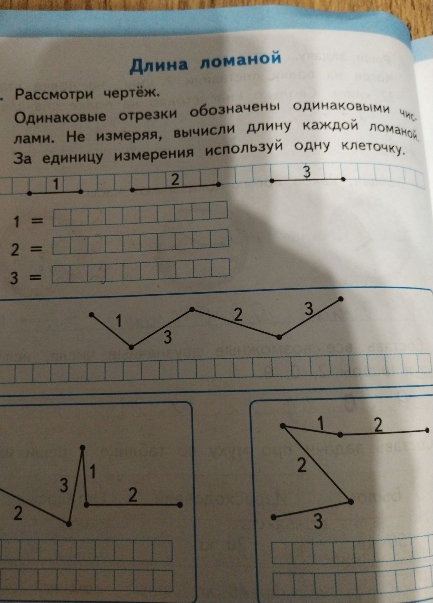 Фото задания: Вычисли длину ломаной из отрезков, обозначенных 1, 2, 2, 3. За единицу измерения используй одну клеточку.