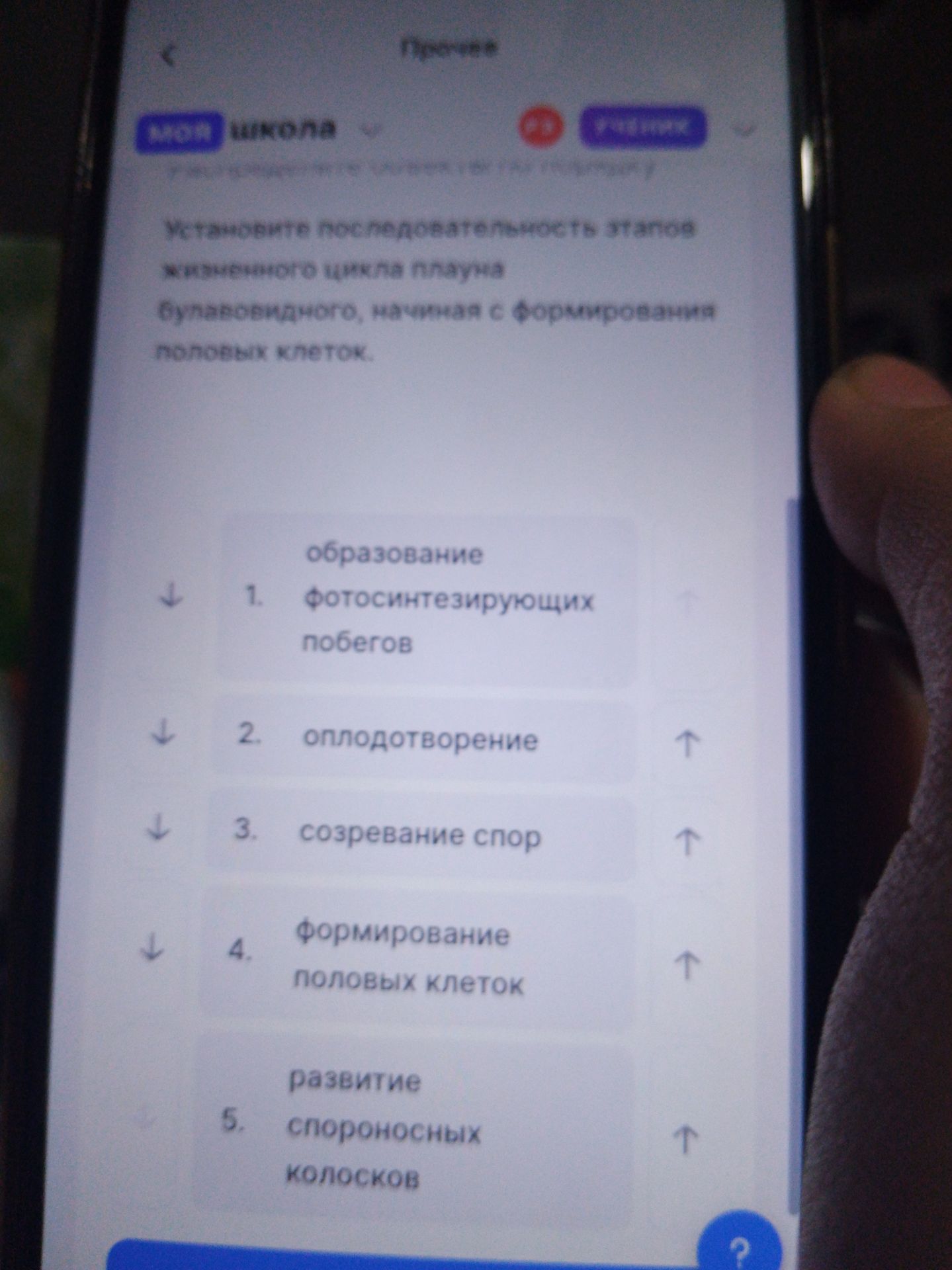 Фото задания: Установите последовательность этапов жизненного цикла плауна: 1) фотосинтезирующих побегов; 2) оплодотворение; 3)…