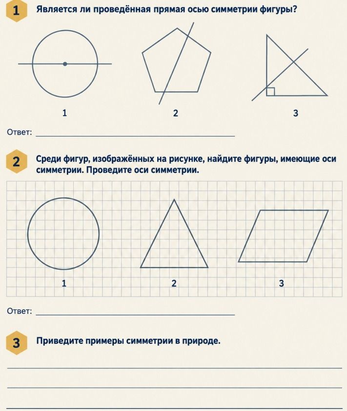 Фото задания: 1. Является ли проведённая прямая осью симметрии фигуры? (1–3)