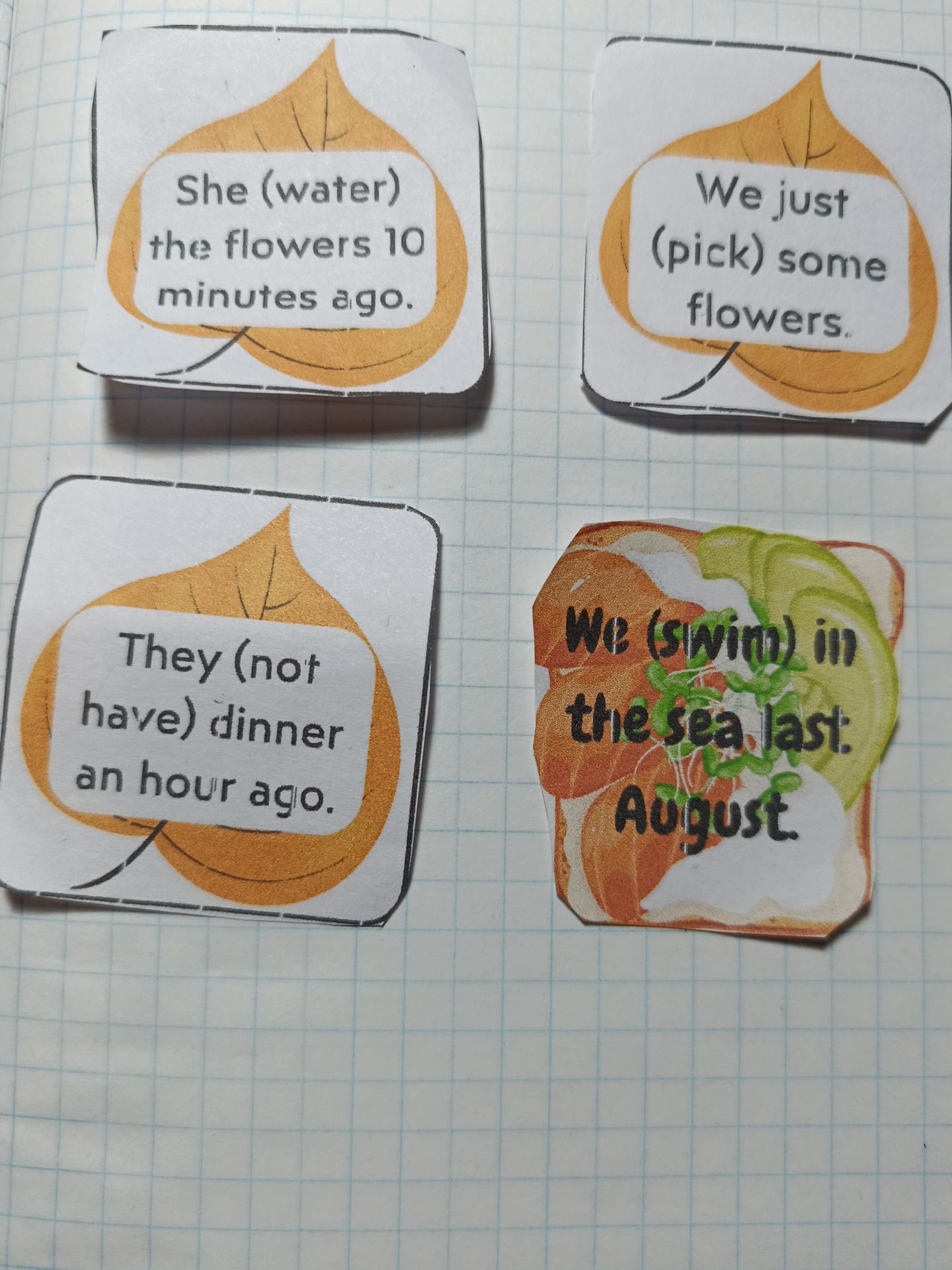 Фото задания: Complete the sentences with the correct form of the verbs in brackets: She (water) the flowers 10 minutes ago. We just (pick)…